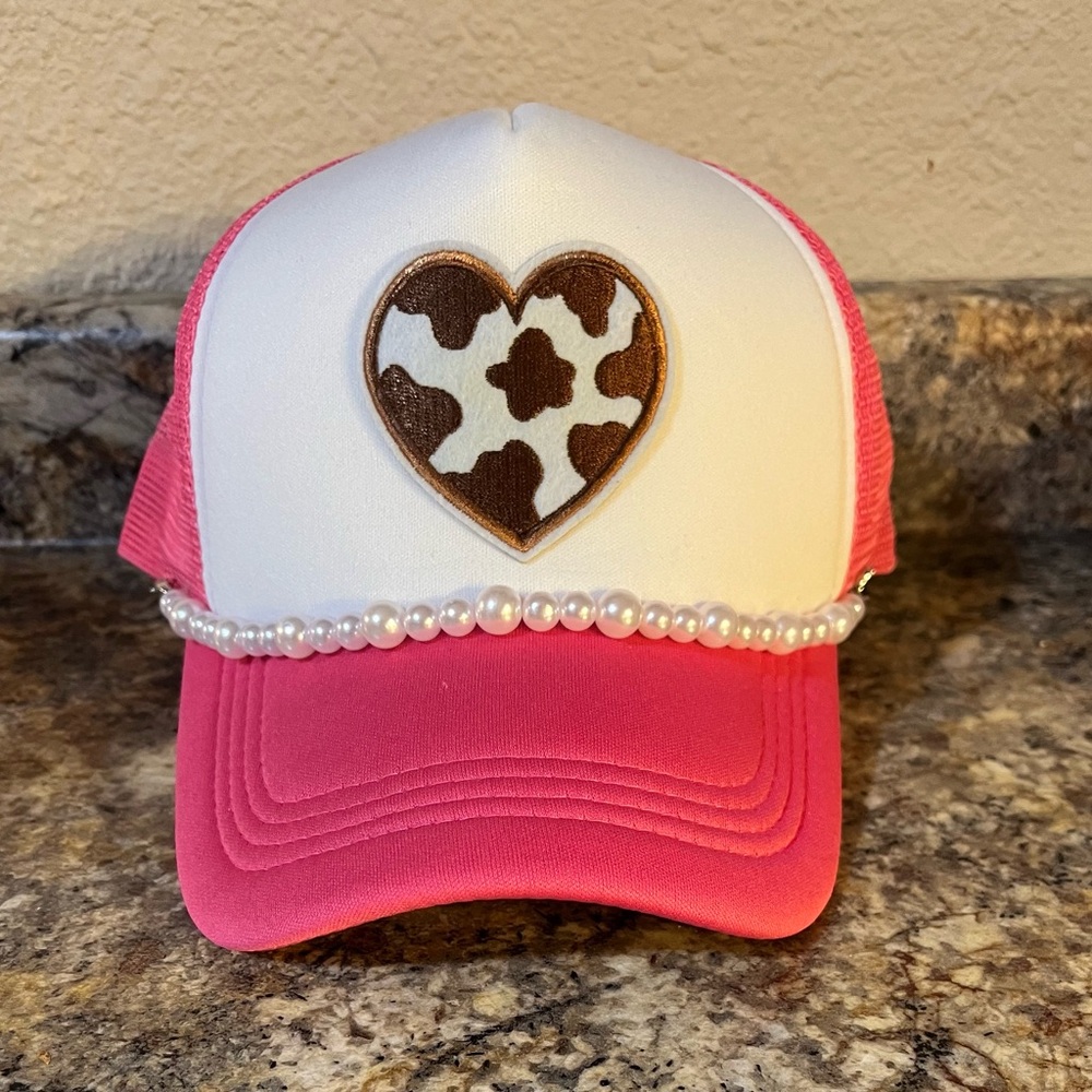 Pink & White Trucker Hat with Heart Patch & Pearl Chain